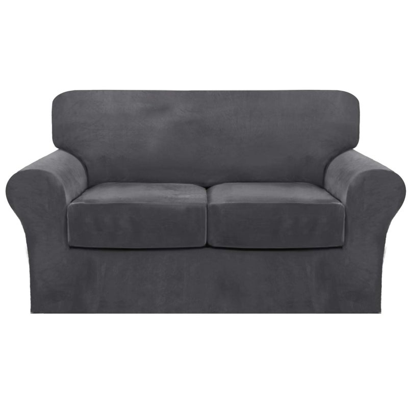 FantasDecor 3 Piece Sofa Covers Velvet for 2 Cushion Couch Stretch Loveseat Slipcover with Individual Seat Elastic Furniture Protector for Pets (Loveseat, Gray) - Image 1